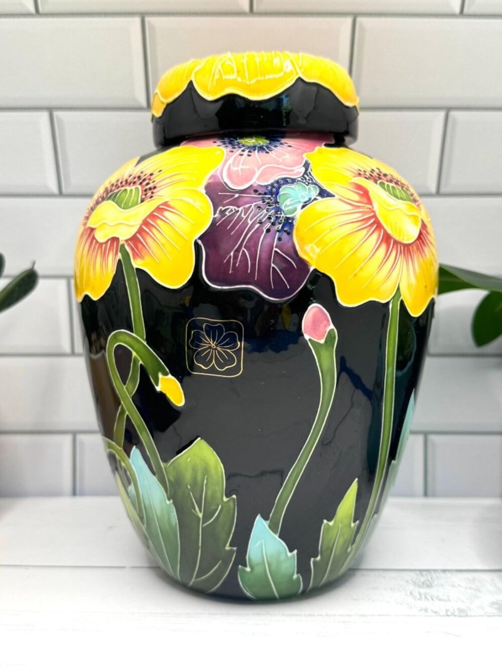 Jeanette McCall Blue Sky 2004 Floral Poppies Enameled Porcelain Ginger Jar